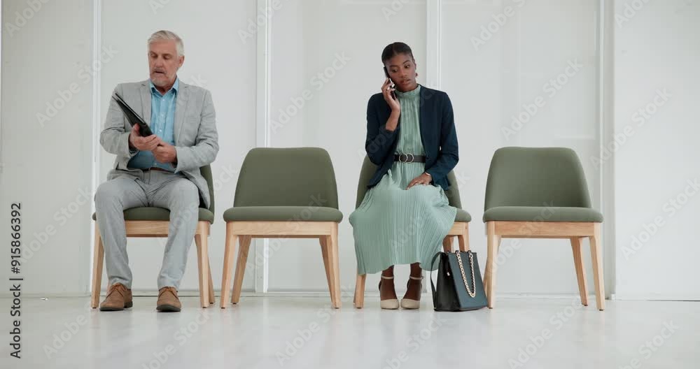 Canvas Prints Business people, office and woman with phone call in waiting room for job interview, plan and information. Human Resources, recruitment and candidate with tech for employment, feedback and networking