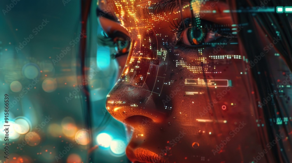 Poster a close-up portrait of a woman's face with a cityscape visible in the background