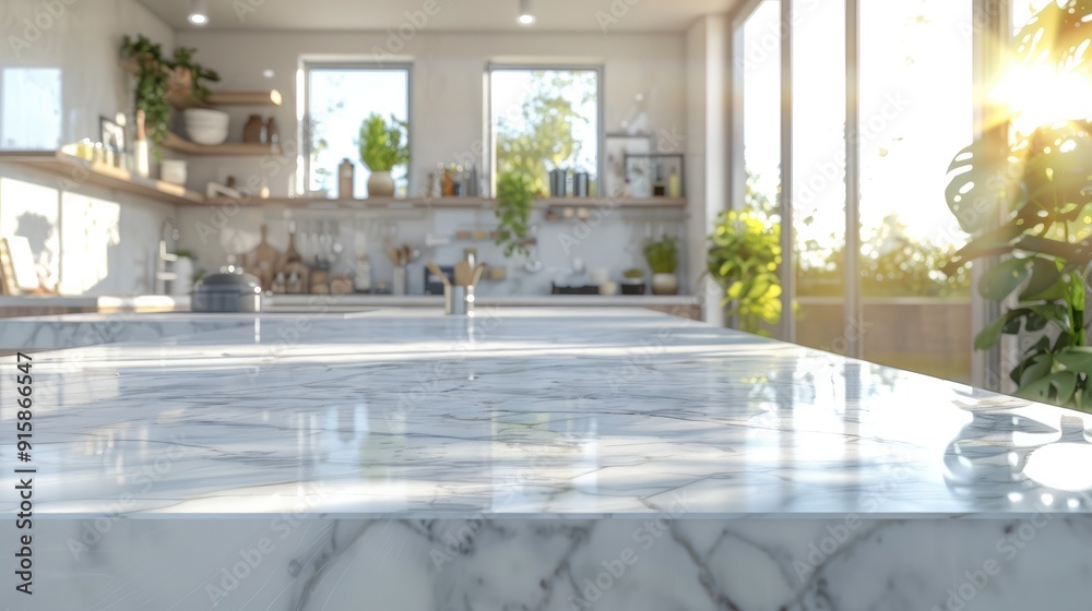Aufkleber a bright kitchen with a large marble bench as the focus in the foreground and the background slightl