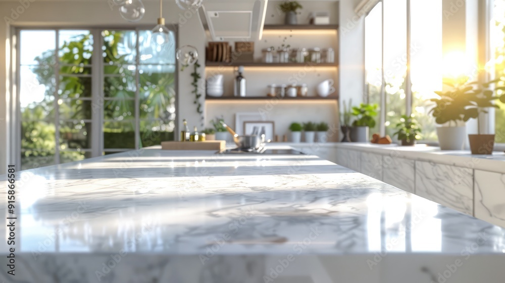 Poster A bright kitchen with a large marble bench as the focus in the foreground and the background slightly blurred, light color palette, modern looking. Generative AI.