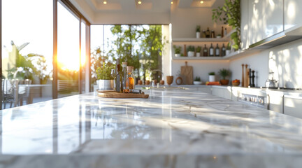 A bright kitchen with a large marble bench as the focus in the foreground and the background slightly blurred, light color palette, modern looking. Generative AI.
