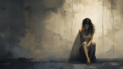 Obraz premium A lonely young woman sits on the floor with her head bowed in sadness against a dark, weathered wall, depicting depression and isolation.