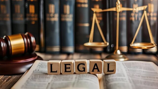 Scrabble Letters Spelling LEGAL on a Wooden Table with Law Symbols