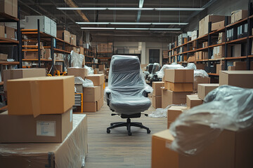 Professional office interior cluttered with moving boxes, wrapped chairs, and plastic-covered furniture during relocation of work station, capturing the setting in a new home