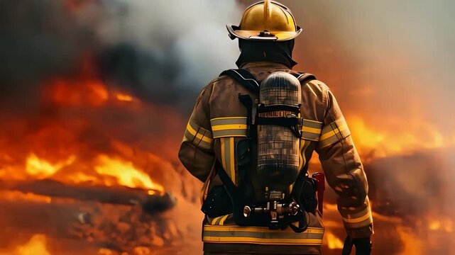 Brave Firefighter Facing Intense Flames in Dangerous Firefighting Scene