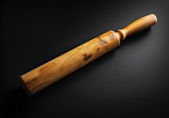 light wooden rolling pin with round edges, lying on its side against a dark background