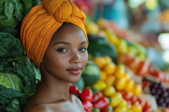 serene african woman browsing organic produce in sunlit farmers market radiating joy and mindful consumption vibrant colors and soft bokeh