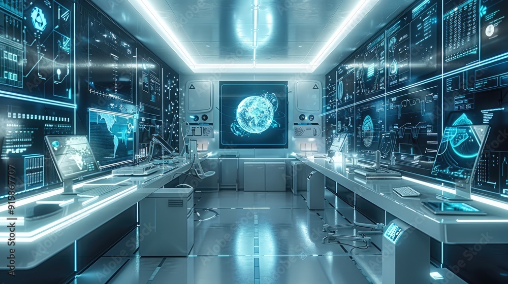 Aufkleber A high-tech laboratory with various digital objects, including a floating digital assistant, augmented reality tablets, and interactive data screens. Generative AI.