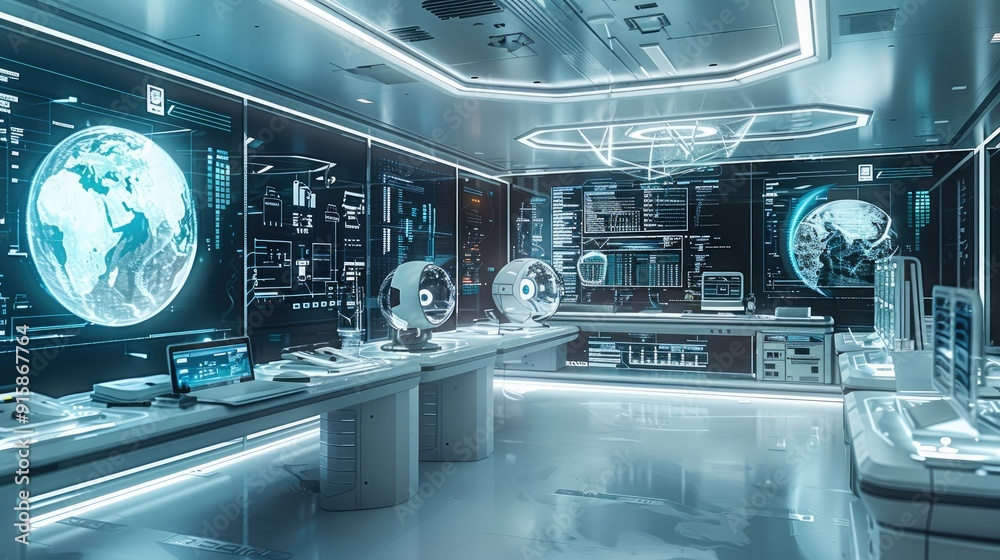 Aufkleber A high-tech laboratory with various digital objects, including a floating digital assistant, augmented reality tablets, and interactive data screens. Generative AI.