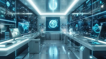 A high-tech laboratory with various digital objects, including a floating digital assistant, augmented reality tablets, and interactive data screens. Generative AI.