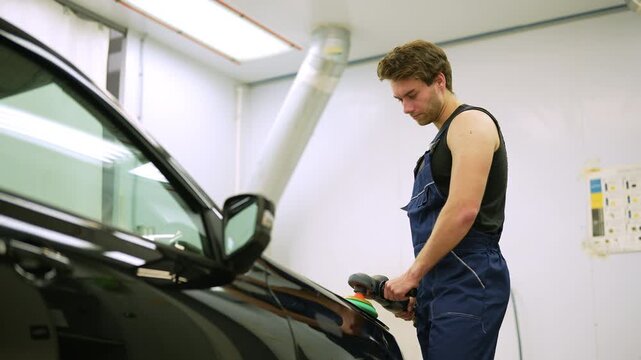 Low-angle view of mechanic male in uniform polish auto hood using grinding unit in automobile repair and renew service station. Repair after accident. Concept of car repair and maintenance work.