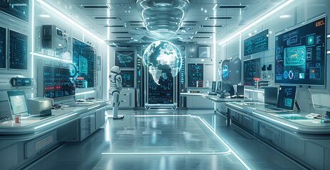A high-tech laboratory with various digital objects, including a floating digital assistant, augmented reality tablets, and interactive data screens. Generative AI.