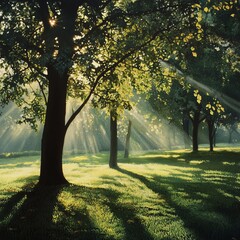 Fototapeta premium Sunrise in the park capturing the intricacies of nature s awakening light and shadow play