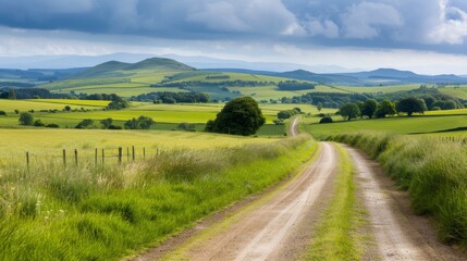 Serene Sunrise Over Lush Green Fields Along a Dirt Path in Early Morning