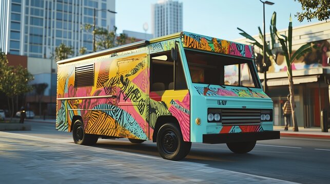A vibrant food truck parked on a bustling city street during a sunny day