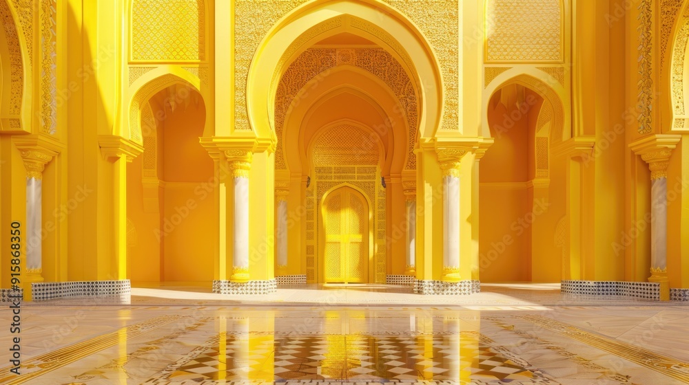 Aufkleber A large yellow building with columns and a tiled floor, suitable for use in architectural or design contexts