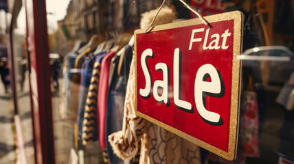 A elegant chic clothing boutique with a stylish Flat Sale sign displayed