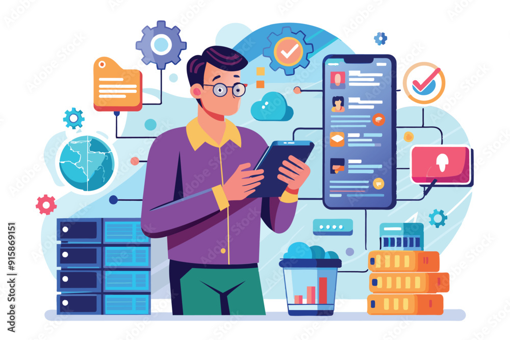 Poster a man is engaged in maintaining big data applications while using a smartphone in a contemporary tec