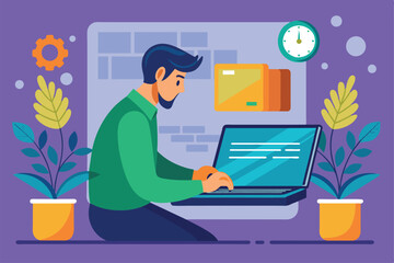 A man is focused on the loading screen of his laptop in a bright office space, surrounded by plants and organizational items