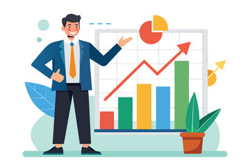 A man confidently presents growth charts, highlighting increasing trends and data insights during a business meeting in a contemporary office