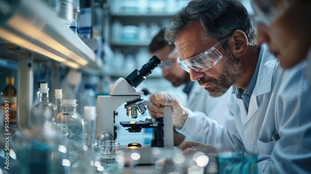 Poster A scientists use microscopes in the laboratory. Generative AI.