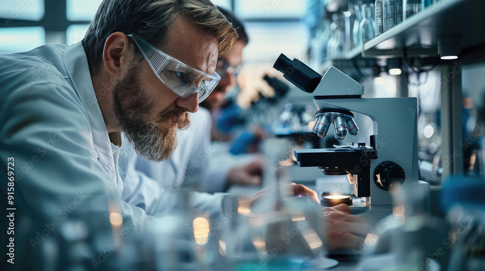 Aufkleber A scientists use microscopes in the laboratory. Generative AI.