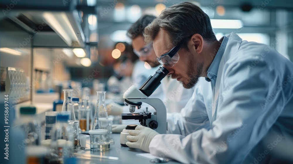 Poster A scientists use microscopes in the laboratory. Generative AI.