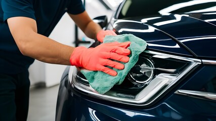 A skilled car detailer meticulously polishing a luxury vehicle with a microfiber cloth.