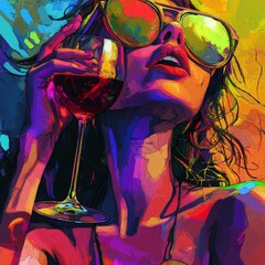 Contemplative wine drinker with exaggerated features  a fauvist caricature in high definition