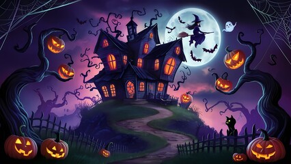 an enchanting Halloween scene with a haunted house on a hill, glowing jack-o'-lanterns, twisted trees, playful ghosts, a full moon, a witch on a broomstick, and eerie yet vibrant colors