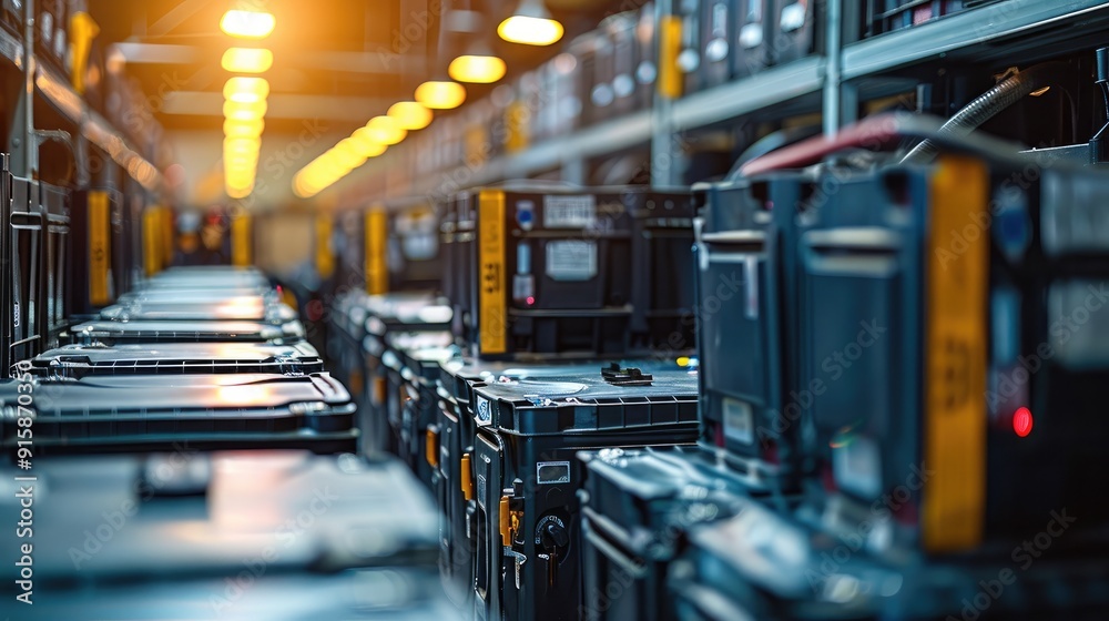 Aufkleber A row of backup batteries, ready to provide emergency power supply during outages. Generative AI.