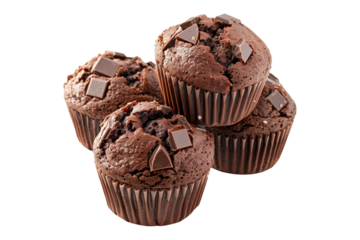 A freshly baked and fluffy chocolate muffin or cupcake isolated on white transparent background, beautifully topped with delightful sweet choco flakes
