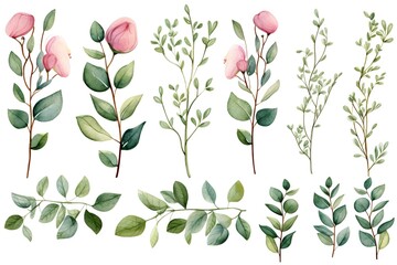 Watercolor floral elements with pink flowers and green leaves, perfect for invitations, cards, and more.