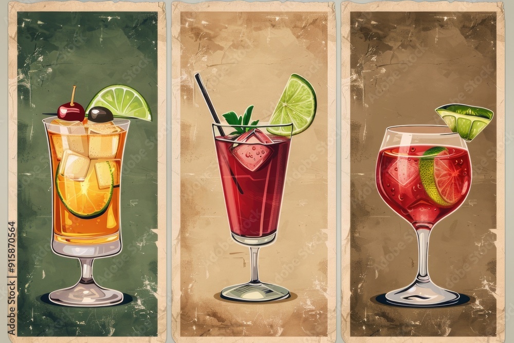 Poster a selection of colorful cocktails garnished with lime wedges and cherries, perfect for a party or sp