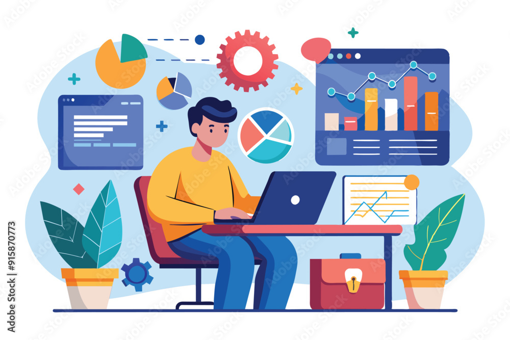 Poster a man focuses on managing data and creating reports using his laptop in a home office surrounded by 