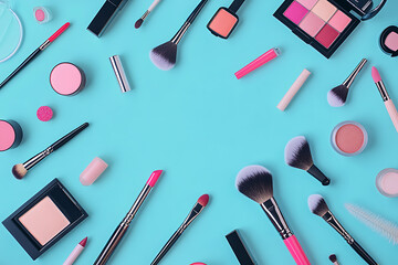 A background featuring an array of makeup tools, ideal for cosmetic and beauty projects