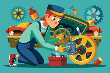 Obraz premium A mechanic inspects engine components and assesses damage on a classic car in a well-lit workshop, surrounded by tools and car parts