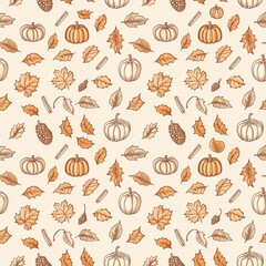 Fototapeta premium Hand draw doodle style pumpkins and leaves seamless pattern gift wrapping paper or line art of harvest of pumpkins and autumn fruit texture, for print, wallpaper, web banner.