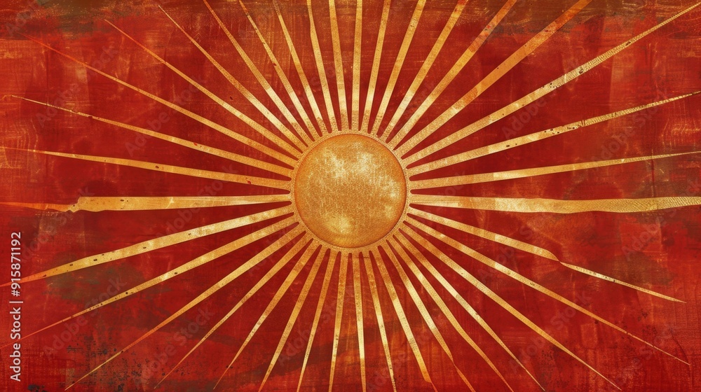Poster a bright sun on a vibrant red background, perfect for use in designs and compositions where warmth a