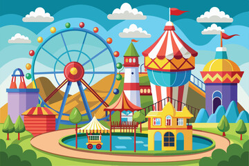 A colorful amusement park features a giant Ferris wheel, carousel, and playful attractions, surrounded by lush greenery and a vibrant atmosphere