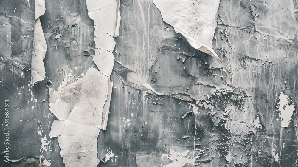 Poster a close-up shot of peeling paint on a wall with cracks and flaking texture