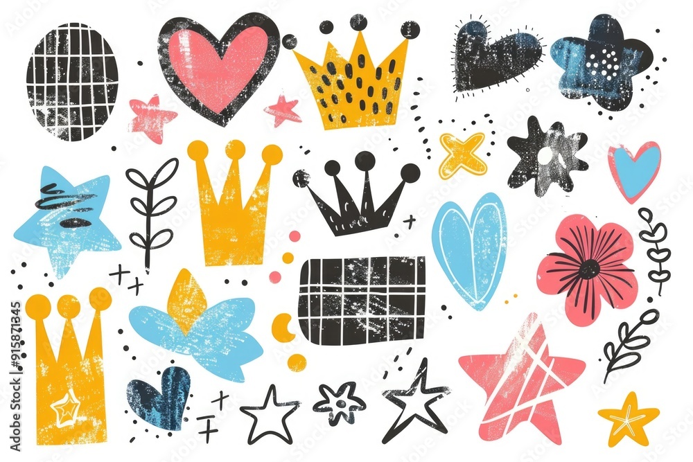 Poster Illustrative doodles featuring hearts, crowns, and stars for various uses