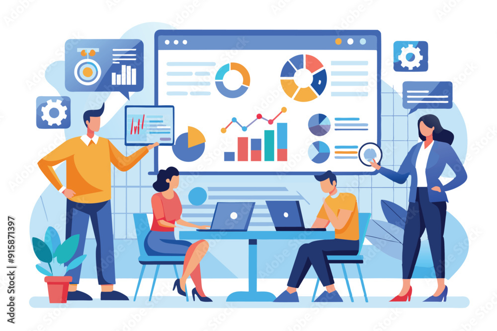 Poster business teams collaborate to analyze data and monitor performance metrics. team members engage arou