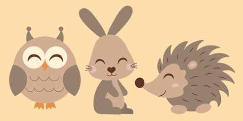 Cute forest animals for Thanksgiving design. Autumn season. Hedgehog, hare, owl.