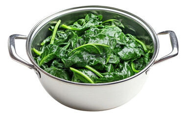 Fresh spinach in a stainless steel pot, cut out - stock png.