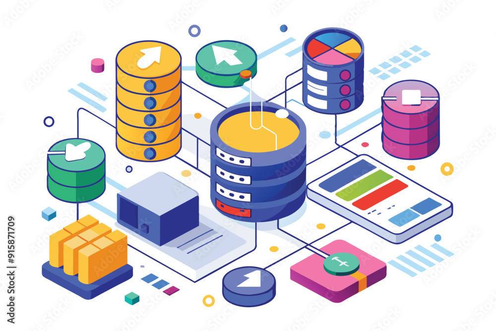 Poster a colorful representation illustrating database storage systems, including data flow and storage com