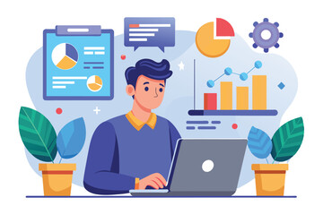 A person analyzes business improvements on a laptop, surrounded by charts, graphs, and plants in a contemporary office environment