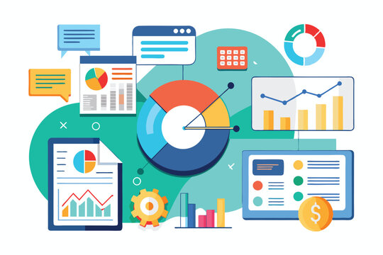 Visual representation of various analytics marketing metrics, showcasing data analysis tools and financial graphs in an engaging layout