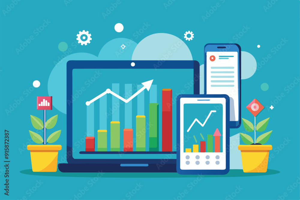 Poster a detailed analysis of growth data displayed on multiple tablets within a modern office, featuring c