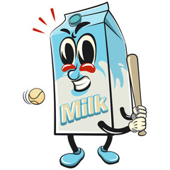 character of a cute milk box cartoon vector isolated clip art mascot illustration ready to hit with a baseball ball, work of hand drawn